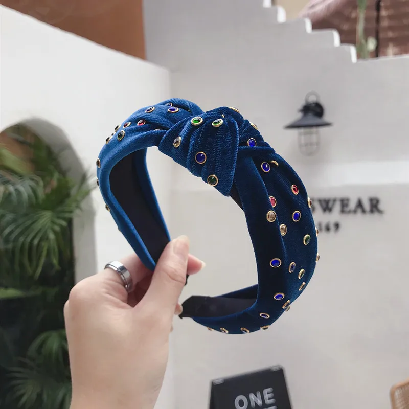 Vintage Colorful Rhinestone Hair Bands For Women Hair Clips Velvet Turban Headband Girls Hair Accessories haar accessoires - Цвет: 191010 blue