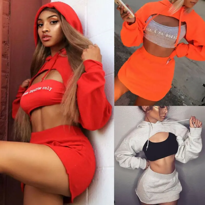 

Free Shipping Women's Sexy 2 Piece Outfits Long Sleeve Hooded Crop Top and Bodycon Mini Skirt Dress Sets 2019 Fashion New