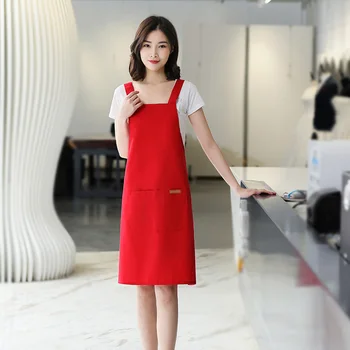 

Kitchen Chef BBQ Drawing Cotton Aprons Dress Sexy Long Waiter Cafe Shop Hairdresser Woman Apron with Pocket Bibs Oilproof Bronw