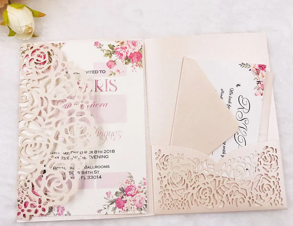 

free shipping 2pcs rose flower tri fold wedding invitation cards with envelope ,insert, RSVP 3 fold laser cut pocket fold cards