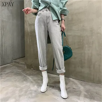 

Vintage High Waist Denim Jeans For Women 2020 Summer Streetwear Straight Jeans Female Pockets Button Gray Denim Jeans Pants