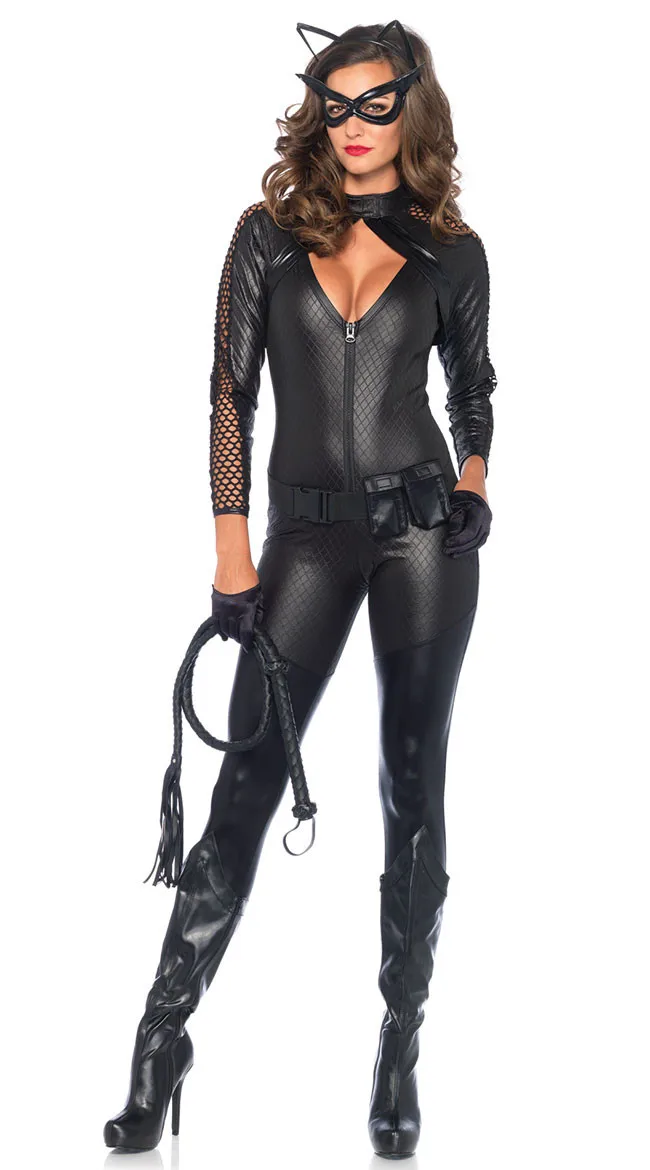 Сексуальные черные вечерние костюмы в виде кошки, Блестящий Комбинезон супергероя кошки из искусственной кожи, костюмы на Хэллоуин для взрослых женщин
