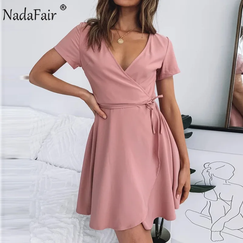 

Nadafair Tie Waist V Neck Short Sleeve Mini Summer Dress Women Ruffles Wrap A-Line Bandage Pink Casual Short Dresses