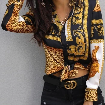 

Women 2020 Spring Elegant Party Loose Button Shirt Turn-down Collar Female Leopard Print Knot Front Long Sleeve Blouse