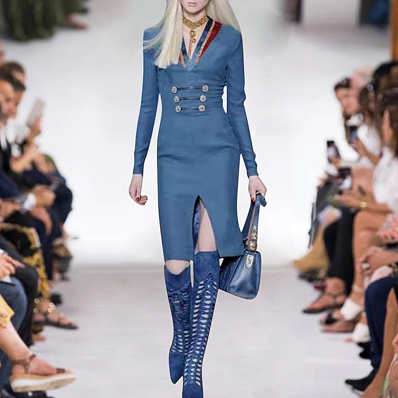 

Runway High Quality Spring And Autumn New Women'S Fashion Party Workplace Casual Sexy V-Neck Vintage Elegant Chic Pencil Dress