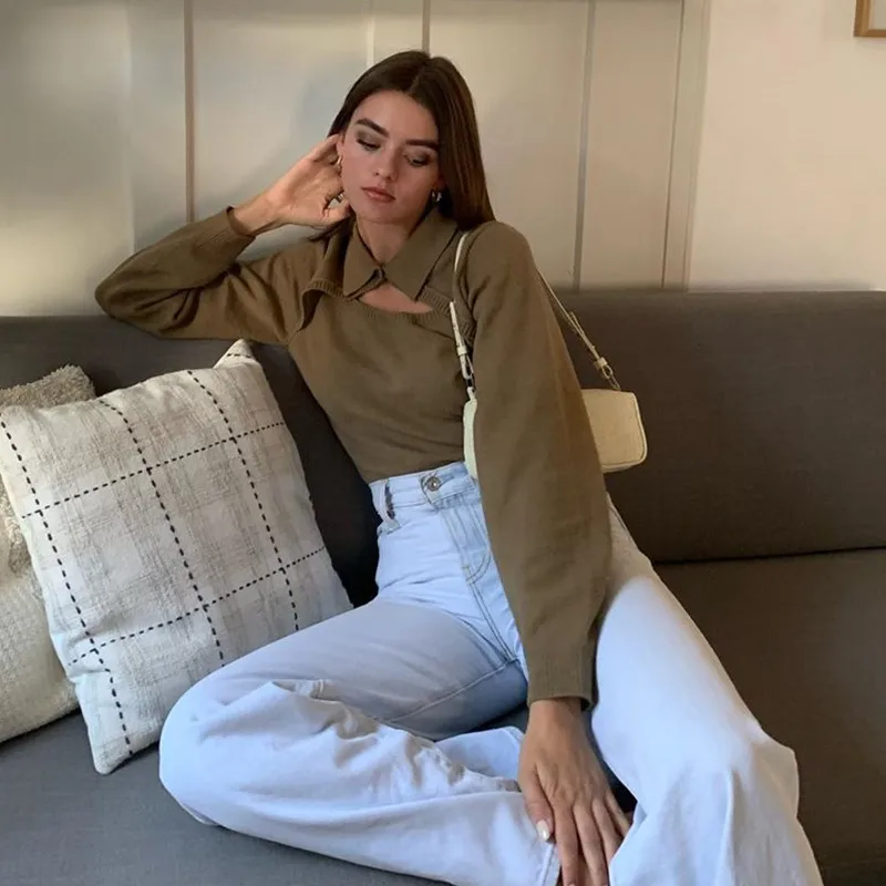 Autumn / Winter Women's Fake Two-piece Knitting Tops Long-sleeved Square-neck Hollow Solid Color Pullovers 2020 Lady Street Wear