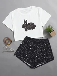 Ladies Home Wear 2 Piece Pajamas Girls Clothes Comfortable Casual Style Cartoon Pattern