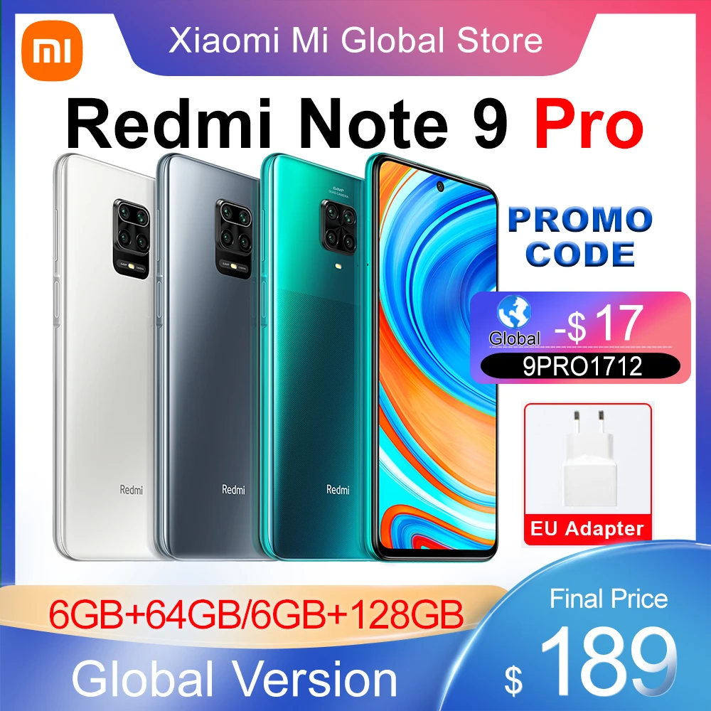 Global Version Xiaomi Redmi Note 9 Pro Smartphone 6GB RAM 64/128GB ROM Snapdragon 720G 64MP Rear Quad Camera 6.67&quot NFC Cellphone |