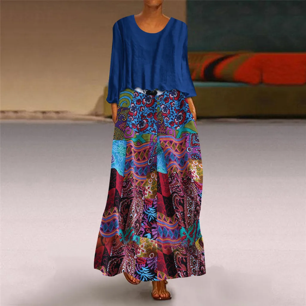 Plus Size 5xl Summer Party Dress 2019 Casual Blue Print Maxi Dress Women Vintage Dresses Woman Party Night Elegant Women Dress