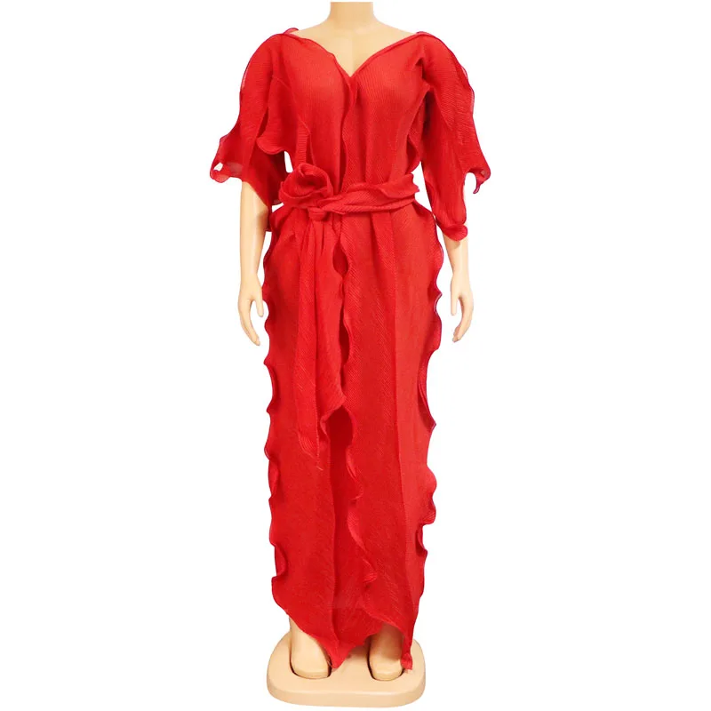 

Женское кружевное платье в пляжном стиле, плиссированное платье в стиле бохо с коротким рукавом и оборками, сексуальное платье с V-образным вырезом и поясом в африканском стиле для вечеринки