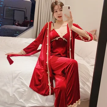 

Bride Bridesmaid Wedding Robe Dressing Lady Velvet Kimono Bathrobe Gown Sexy Lace Pajamas Set Women 3PCS Pyjamas Suit