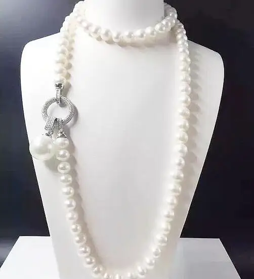 

free shipping Jewelry strands 9-10 mm natural south sea white pearl necklace 16mm shell pearl pendant