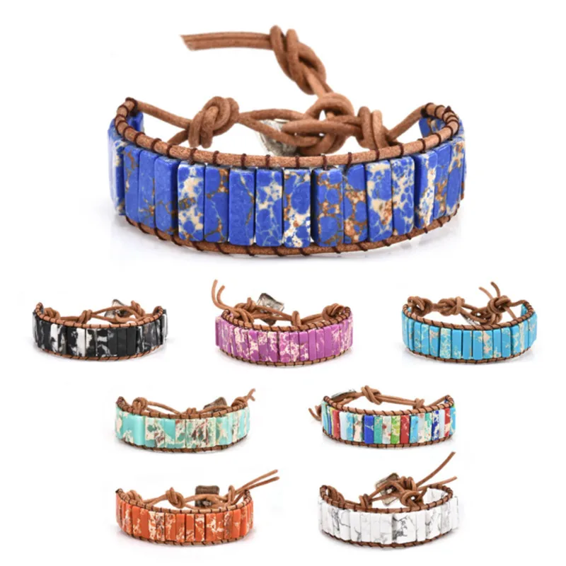 

Chakra Bracelet Jewelry Handmade Multicolor Natural Stone Tube Beads Leather Wrap Couples Bracelets Creative Gifts Dropshipping
