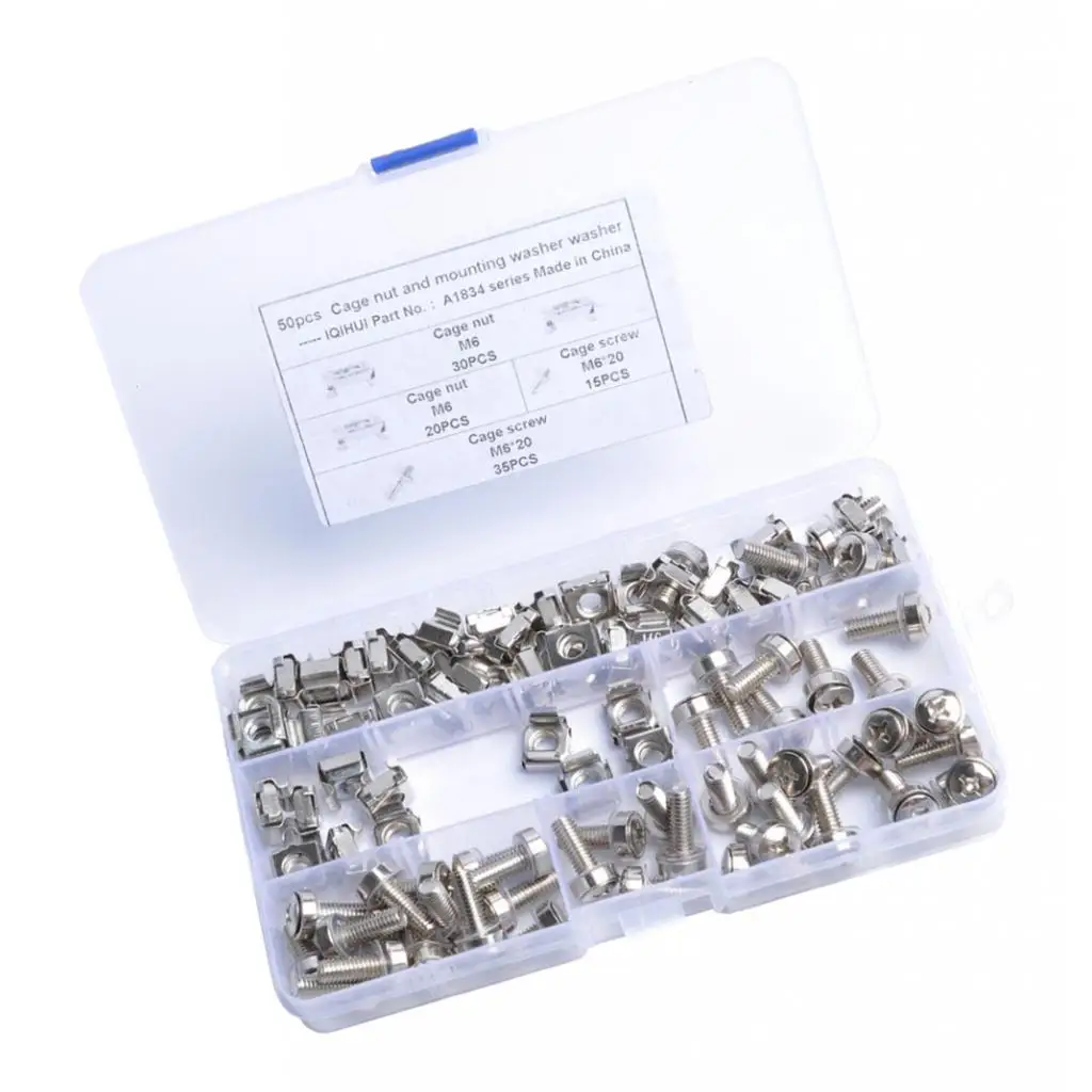 50 Pack Lot - M6*20 Rack Mount Cage Nuts & Screws w/ Washers - Square Clips