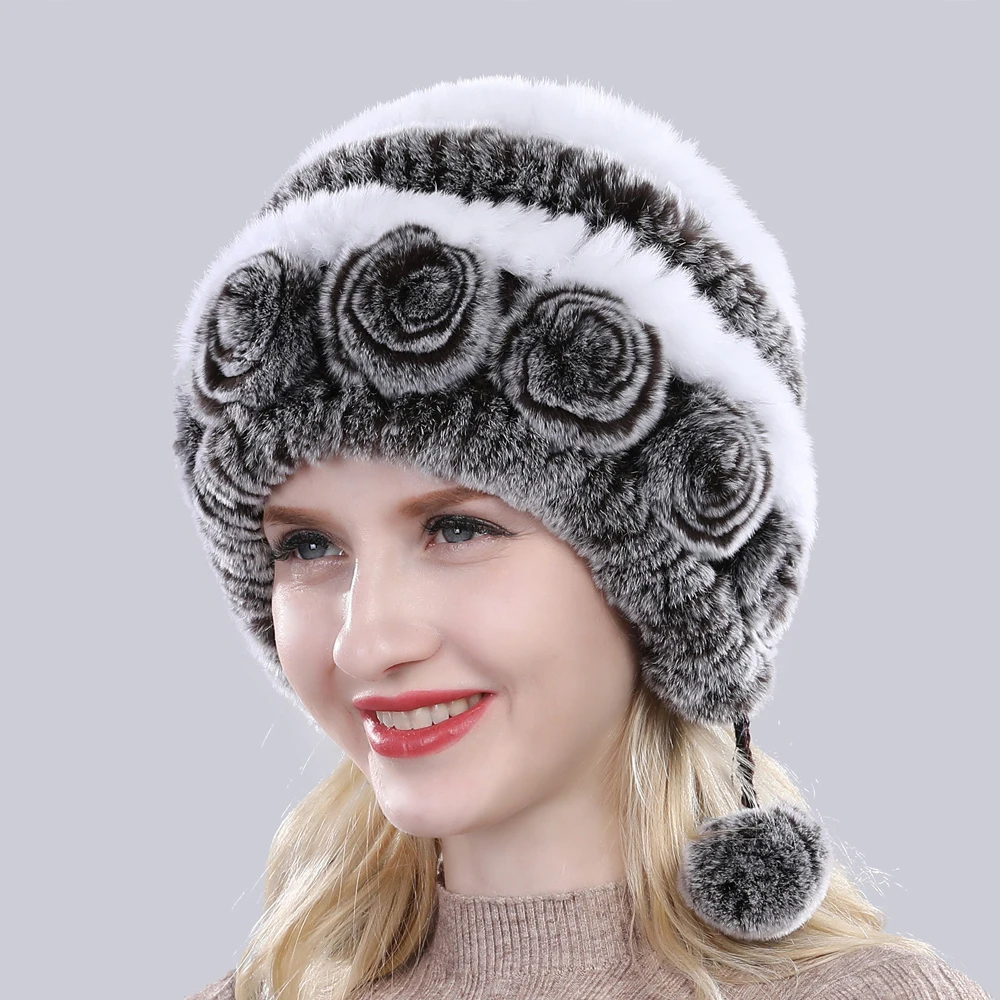 Winter Women Flowers Striped Natural Real Rex Rabbit Fur Hats Lady Warm Knit Genuine Fur Caps Russian Outdoor Hats fur hats