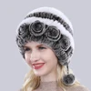 Hot Sale Winter Women Flowers Striped Natural Real Rex Rabbit Fur Hats Lady Warm Knit Genuine Fur Caps Russian Outdoor Fur Hats 6