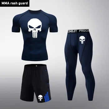 

New Training Compression Suit Tights Sportswear 3 piece Sports suits Track suit Men Gym Workout Short T-shirt Skull Running suit