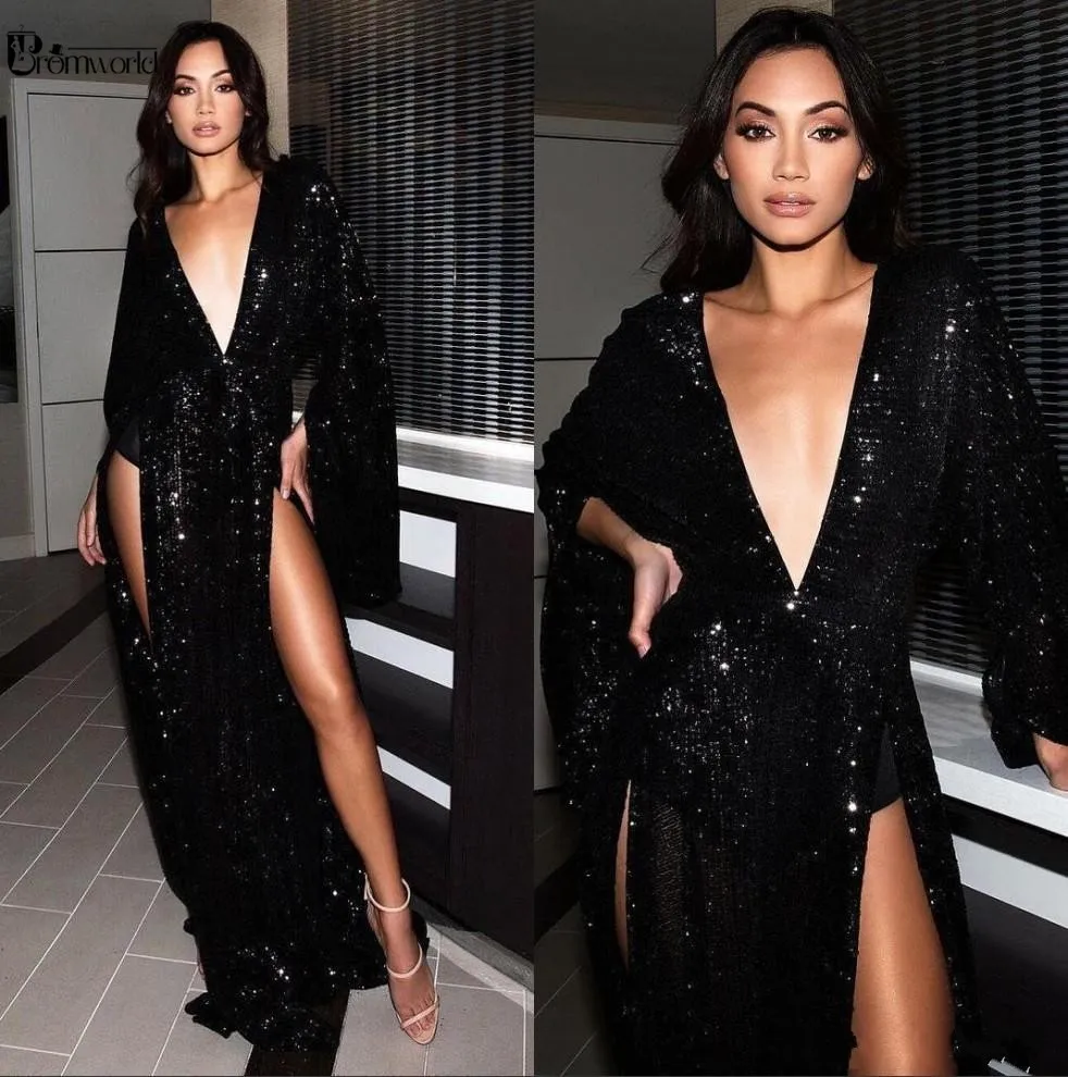 

Dazzling Sequins Black Deep V Neck Sexy Long Dubai Evening Dresses 2019 Long Sleeves High Split Party Formal Dress Prom Gowns