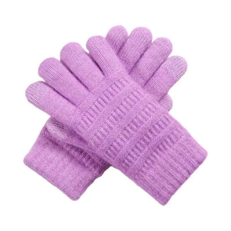 Women Winter Crochet Knitted Full Finger Gloves Touchscreen Thick Plush Lined Wrist Warmer Solid Color Stretchy Magic Mittens - Цвет: Purple