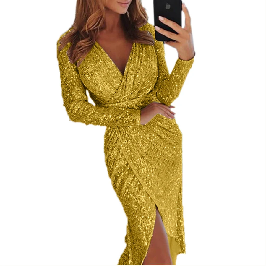 Dower Me, сексуальное платье, одноцветное, расшитое блестками, плиссированное, ассиметричное, v-образный вырез, вечерние платья с длинным рукавом, с разрезом, длиной до середины икры, для женщин, Vestidos Y065 - Цвет: Золотой