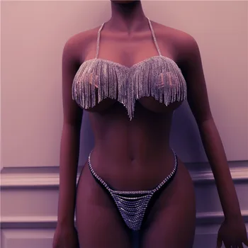 

Ladies Tassel Body Chain Set Bra Panty Chain Jewelry Women 's Bikini Underwear Bling Crystal Nightclub Rhinestone Sexy Party
