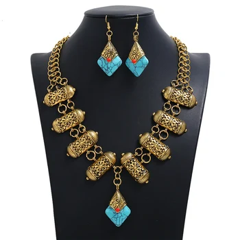 

LZHLQ Female Vintage Choker Statement Necklace Sets Women Zinc Alloy Necklace Pendants Earrings Trendy Collares Collier