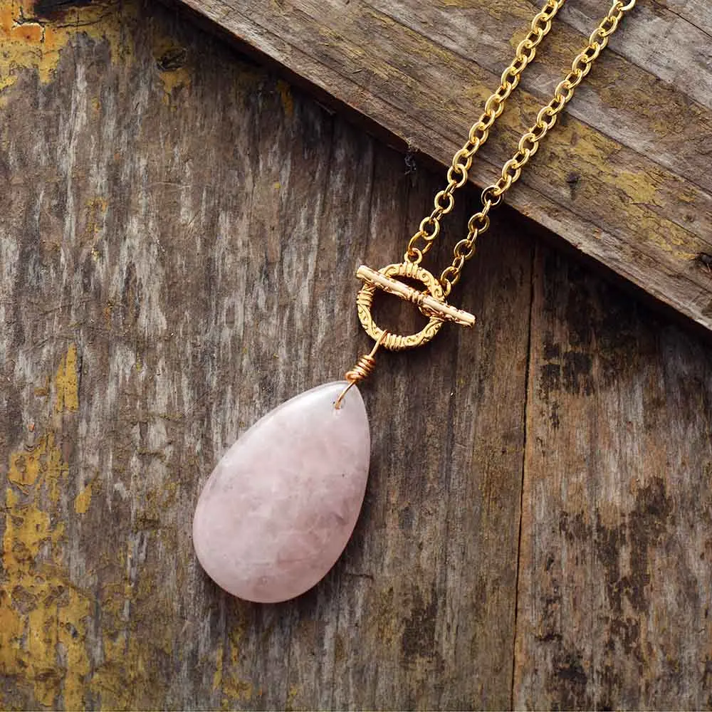 Classic Rose Quartzs Teardrop Pendant Lariat Necklace Gold Tone Natural Stone Necklace Elegant Jewelry Wholesale Dropshipping