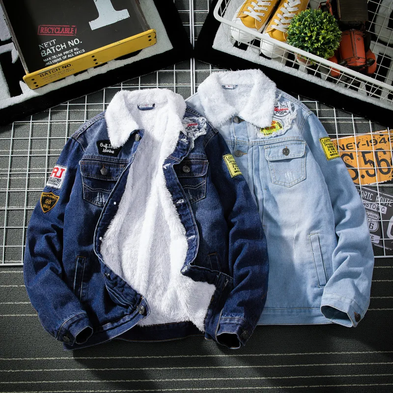 

Winter New Style Berber Fleece MEN'S Denim Jacket Teenager plus Velvet Jacket Warm Cotton-padded Clothes