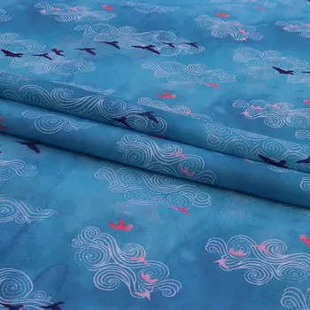 

High end ramie sewing Blue sea and blue sky printing fabric Light and retro dress robe cheongsam tissu