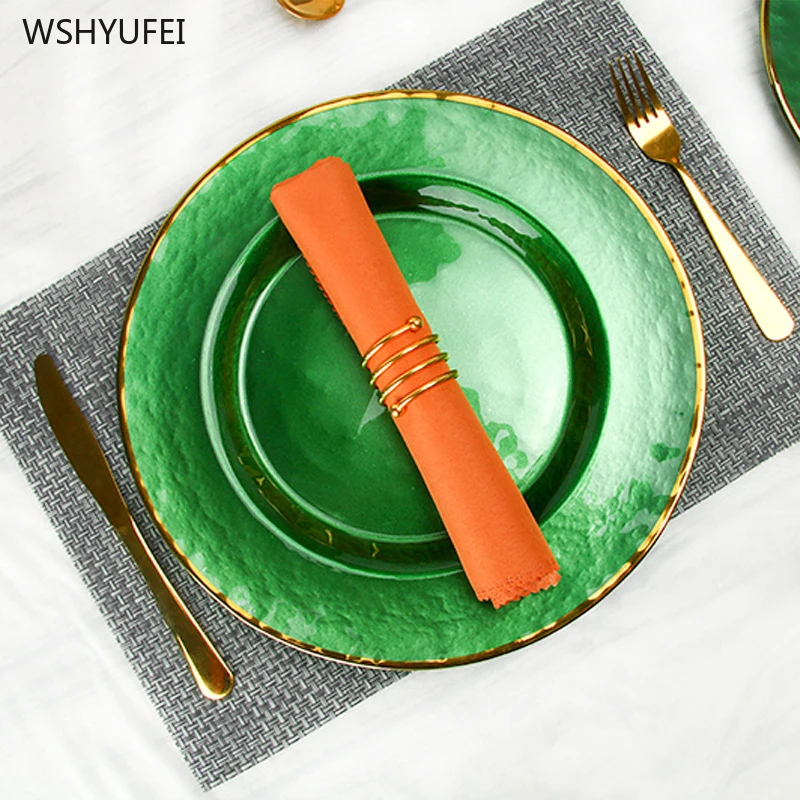 

Direct sales new ins light luxury gold edge cold grain creative glass plate color plating gold plate fruit plate hotel tableware