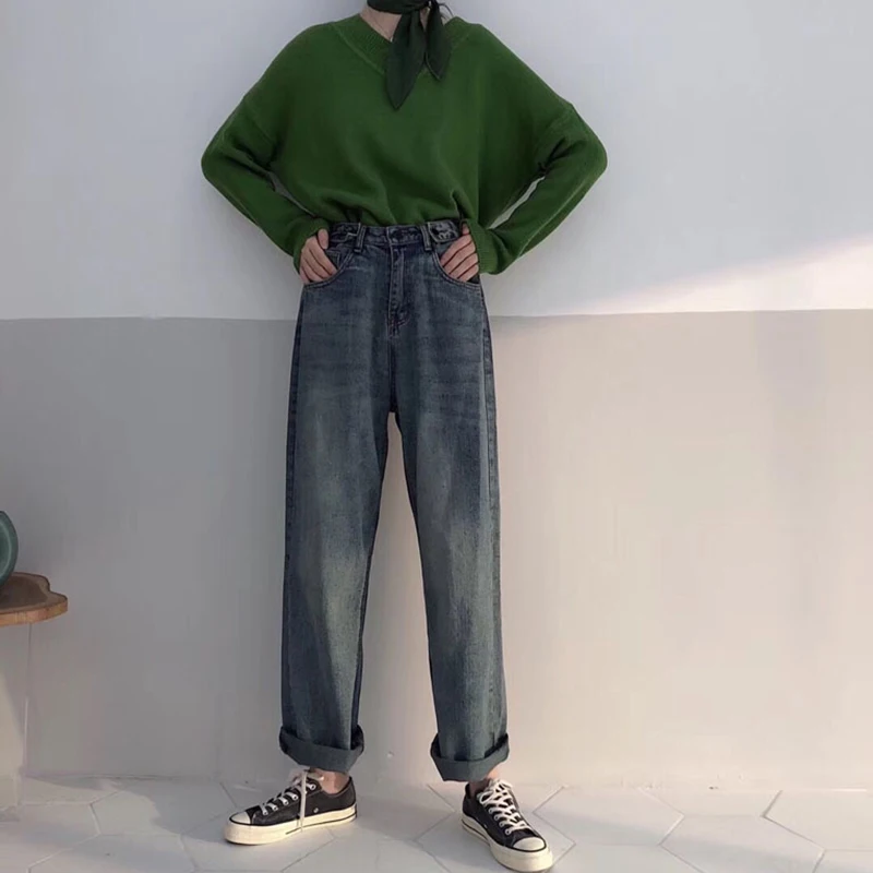 Джинсы женские однотонные с высокой талией свободные полной длины на молнии