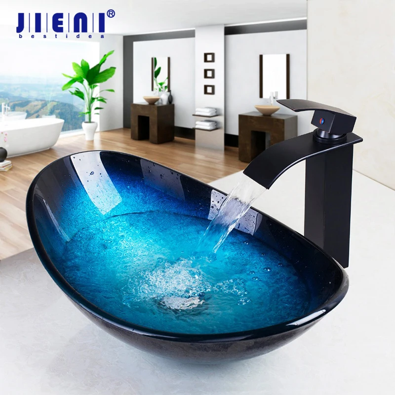 RE Bathroom Glass Painted Vessel Sink Bowl Waterfall Mixer Faucet Taps Combo Set 
