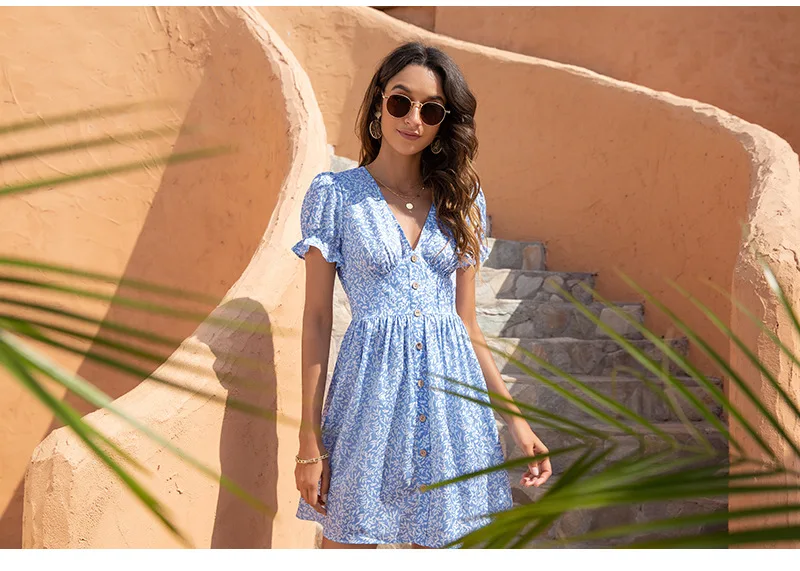 Women Short Sleeve Floral Mini Dress Casual Green Print Puff Sleeve Dresses Summer 2021 Ladies Sexy V Neck Button Beach Dress