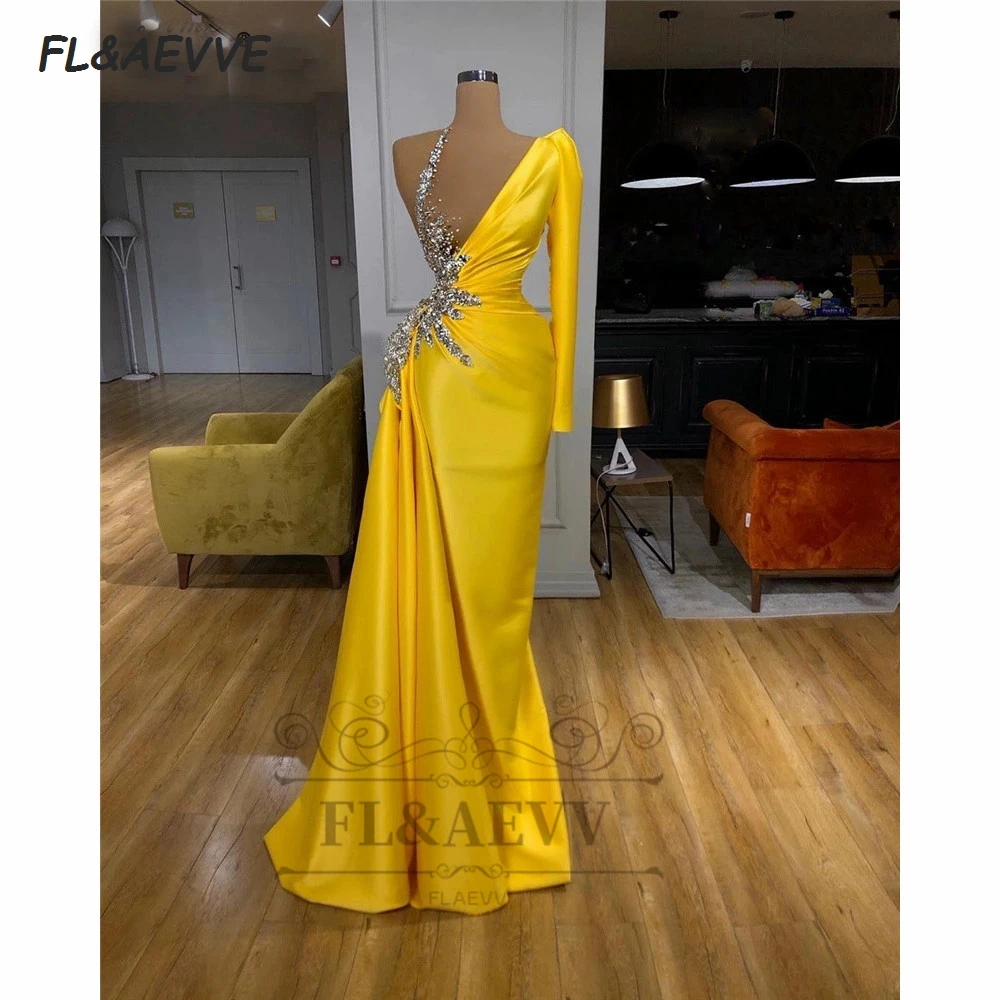 2020 Yellow Celebrity Dresses Mermaid One Shoulder Women Red Carpet Runaway Dresses Party Arabic Evening Gowns Robe De Soiree (3)