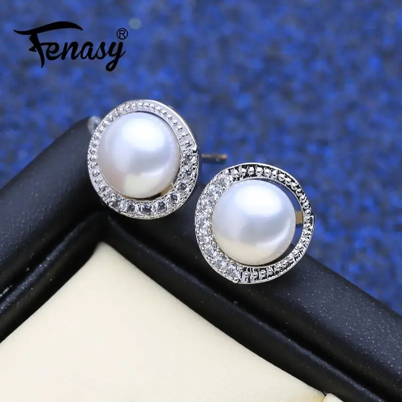 

FENASY 925 Sterling Silver Stud Earrings Natural Freshwater Pearl Earrings For Women Classic Simple Round Design Earrings