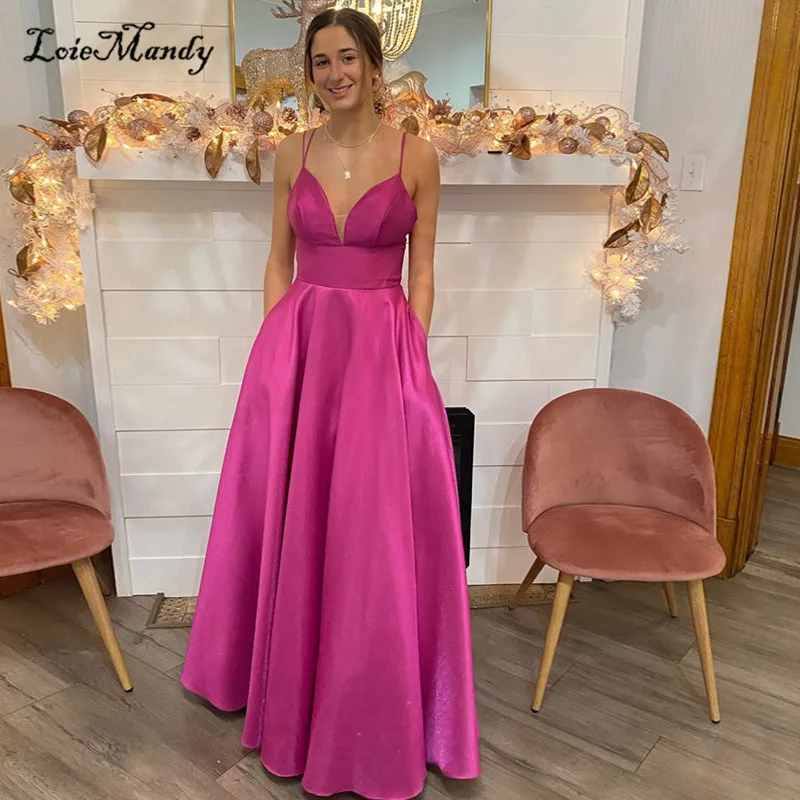 

Fuchsia Satin Prom Dresses With Pocket 2022 Long Sexy V-neck Formal Red Celebrity Dress Party Gowns Plus Size Vestidos de gala