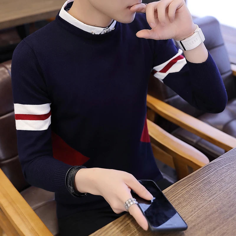 Мужской трикотажный свитер в полоску с воротником-рубашкой | Мужская одежда