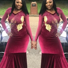 Высококачественное бархатное бордовое платье русалки для выпускного вечера африканская темнокожая девушка с бисером Золотая аппликация с длинным рукавом платье для выпускного вечера es
