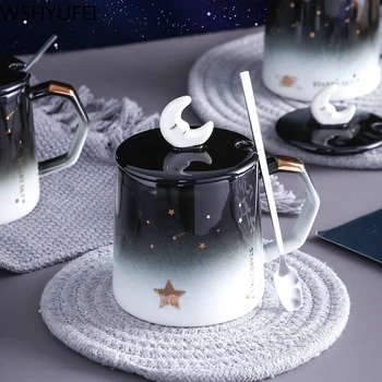 

Creativity Ceramic Coffee Cup with cover Spoon Set Porcelain teacup Starry sky Condensed coffee Mugs Luxury Cafe Tea Milk Cups