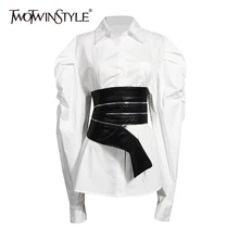 TWOTWINSTYLE Casual Two Piece Set For Women Lapel Puff Sleeve Shirt PU Leather Patchwork Zipper Belt Female Sets 2020 Fall