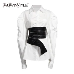 TWOTWINSTYLE Casual Two Piece Set For Women Lapel Puff Sleeve Shirt PU Leather Patchwork Zipper Belt Female Sets 2020 Fall