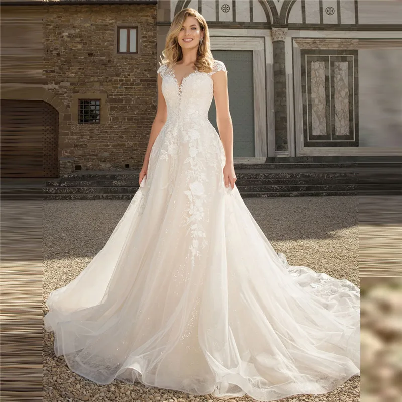 

Sheer Short Sleeves Lace Appliques 2021 Wedding Dress Lace Appliques Lace Up Back Bridal Gowns Custom Spring Long Garden