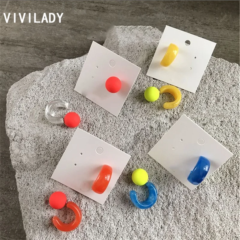 

VIVILADY Korean Design Fluorescent color Acrylic Women Hoop Earrings C Shape Sterling-silver Needle Circle For Summer Jewelry