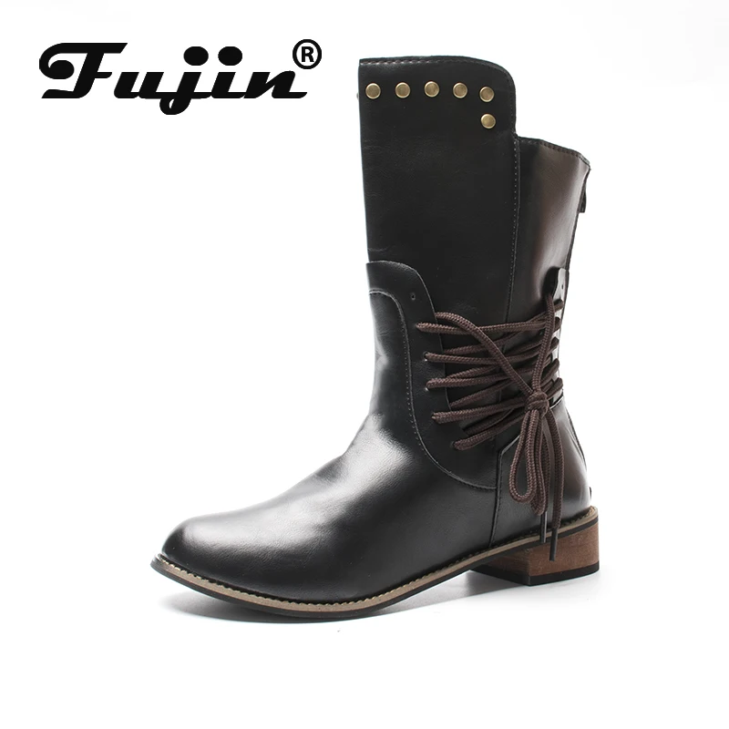 

fujin 2019 New Winter Boots Women Retro Shoes Leather Boots Vintage Rivets Lace-Up mid-calf Boots zapato Quality Leather Booties
