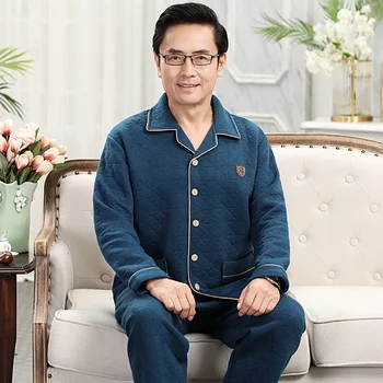 

Men's Long-sleeved Pure Cotton Thickened Air Cotton Middle-aged and Elderly Father Sandwich Plaid 2020 Autumn and Winter Pajamas