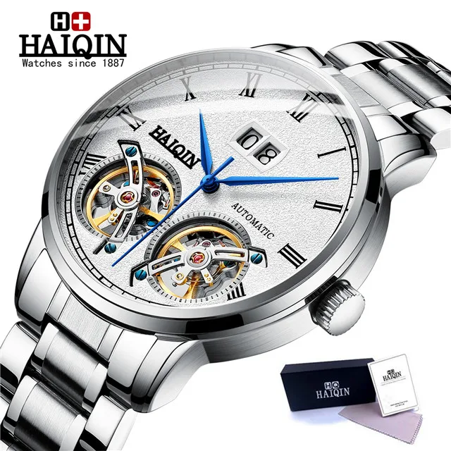 SIlver white HAIQIN, Топ бренд, мужские часы, автоматические механические, роскошный подарок, деловые часы, мужские, двойные Tourbillon, 50 м, водонепроницаемые мужские наручные часы - Цвет: SIlver white