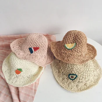 

New Style Girls Straw Hat Baby Seaside Holiday Outing College Style Straw Hat Summer Cool Fruit Applique Sweet