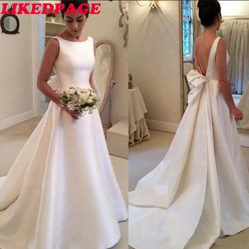 

LIKEDPAGE Simple Cheap High Quality Satin Backless Bridal Gown Wedding Dress Elegant A Line Sweep Train 2020 vestidos de novia
