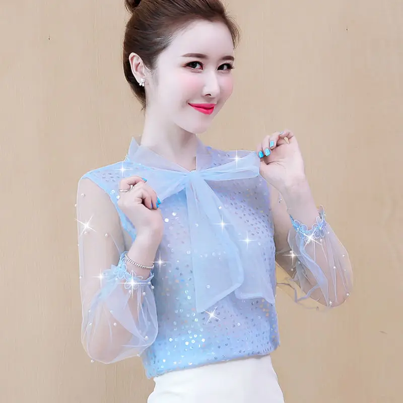 

Women's Spring Summer Style Chiffon Blouse Shirt Women's New Long Sleeve Sequined Bow Elegant Casual Tops DD8407
