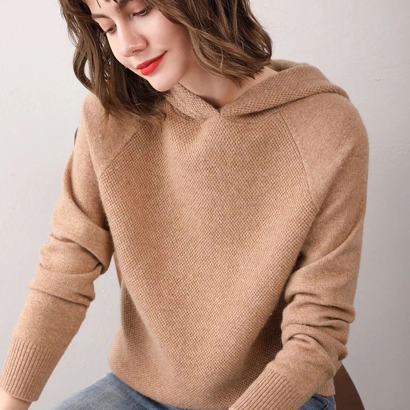 

Sparsil Women Winter 100% Cashmere Sweater Hooded Casual Knitted Pullovers Solid Color Rib Cuff Knitwear Female Warm Soft Jumper